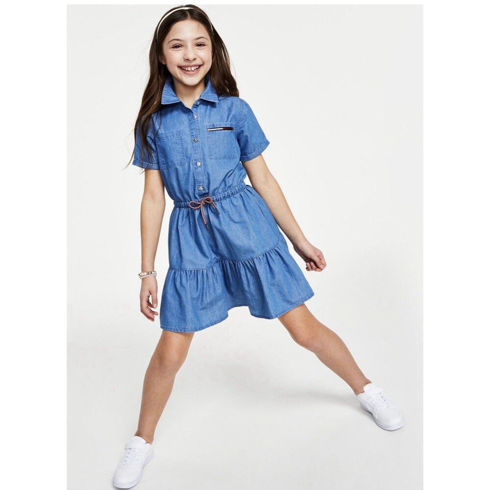 Tommy Hilfiger 100% Cotton Denim Chambray Tiered Shirtdress Girl's Size XL 16
